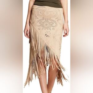 Bagatelle City Skirt Size SM Pink Faux Suede Fringe Cut Out V Hem Festival. Fl